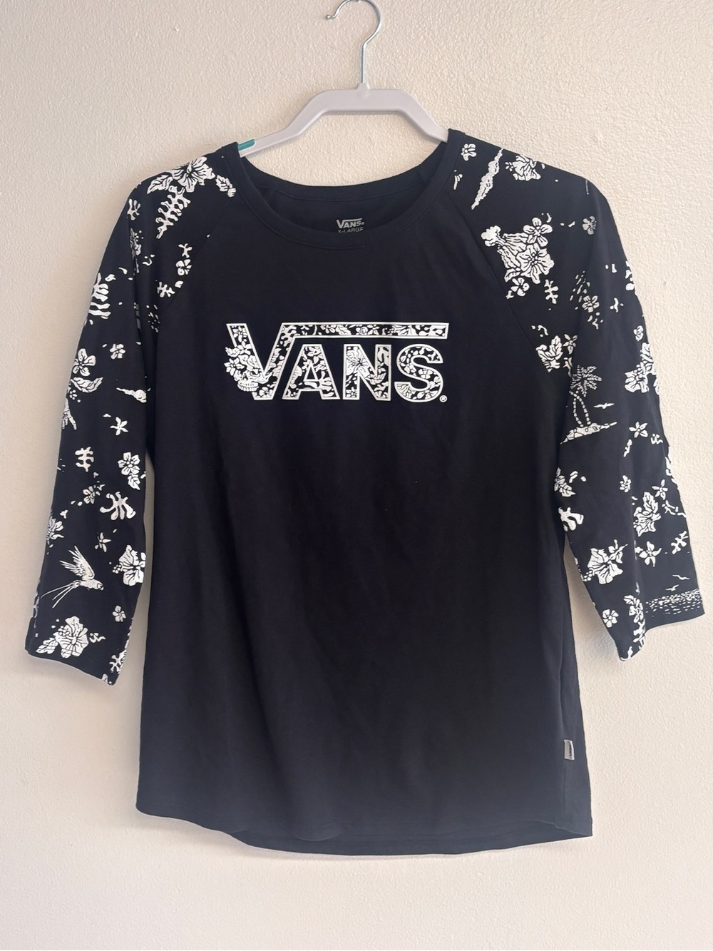 Vans Black Tee with White Floral Logo and Sleeves